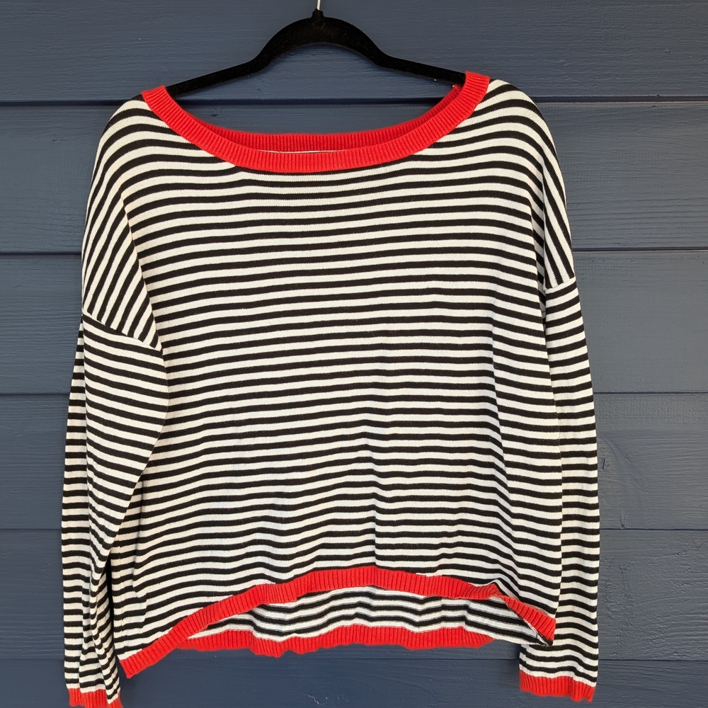 Striped Black and White Sweater with Red Accents